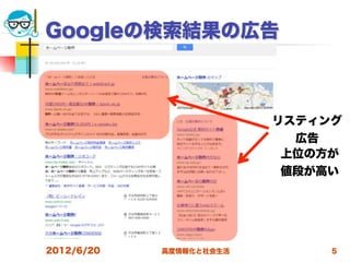 Googleの検索結果の広告



                         リスティング
                           広告
                          上位の方が
                          値段が高い




2012/6/20   高度情報化と社会生活        5
 