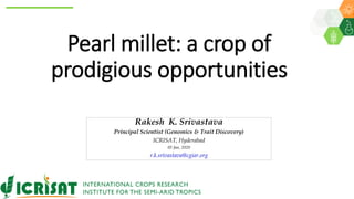 Pearl millet: a crop of
prodigious opportunities
Rakesh K. Srivastava
Principal Scientist (Genomics & Trait Discovery)
ICRISAT, Hyderabad
05 Jan, 2020
r.k.srivastava@cgiar.org
 