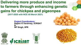Delivering more produce and income
to farmers through enhancing genetic
gains for chickpea and pigeonpea
Project Coordinators:
Rajeev K Varshney, ICRISAT
&
NP Singh, IIPR
(2017-2020 with NCE till March 2021)
 