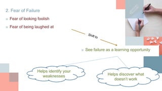 2. Fear of Failure
■ Fear of looking foolish
■ Fear of being laughed at
■ See failure as a learning opportunity
Helps identify your
weaknesses Helps discover what
doesn’t work
 