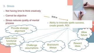 3. Stress
■ Not having time to think creatively
■ Cannot be objective
■ Ability to innovate spells success,
create growth, ROI
Provide strategic
alignment
Have cross-
functional
expertise
■ Stress reduces quality of mental
process
Challenge
assumptions
Brainstorm
always
Reward
ideas
Allow
failure
 