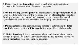 7. Connective tissue formation: blood provides lipoproteins that are
necessary for the formation of the connective tissue.
8. Wound healing (or) coagulation : haemocytes extend pseudopodia which
forms a cellular network over the wounded site (or) plasmtocytes coagulate
forming a plug over the wound (or) haemocytes are arranged in to multi
layered sheaths over the wounded site, thus helping in wound healing.
9. Detoxification: as the haemocytes are capable of detoxifying the toxic
chemicals, insects get the ability to resist the toxic effects of chemicals.
10. Reflex bleeding: it is a phenomenon where emission of blood occurs
through the pores (or) slits of the cuticle which mainly helps the insects for
getting protection from their natural enemies.
Mr. Suresh Jambagi, M.Sc (Agri) UAS Dharwad 14
 