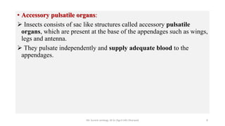 • Accessory pulsatile organs:
 Insects consists of sac like structures called accessory pulsatile
organs, which are present at the base of the appendages such as wings,
legs and antenna.
 They pulsate independently and supply adequate blood to the
appendages.
Mr. Suresh Jambagi, M.Sc (Agri) UAS Dharwad 8
 