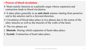 • Process of blood circulation:
 Heart mainly function as a pulsatile organ whose expansion and
contraction leads to blood circulation.
 It takes place generally in an anti clock manner starting from posterior
end to the anterior end in a forward direction.
 Circulation of blood takes place in two phases due to the action of the
alary muscles as well as the muscles of the walls of the heart.
 The two phases are
1. Diastole: During which expansion of heart takes place.
2. Systole: Contraction of heart takes place.
Mr. Suresh Jambagi, M.Sc (Agri) UAS Dharwad 9
 