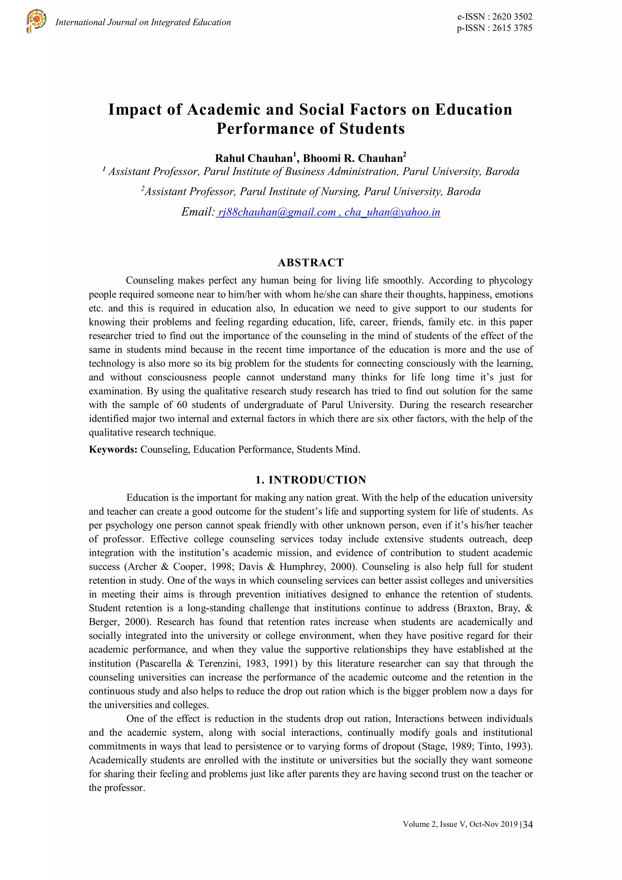 Impact of Academic and Social Factors on Education Performance of ...