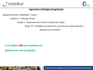 Modo de Produção Biológico de Animais e de Produtos de Origem Animal
Agricultura Biológica/Legislação
Regulamento (CE) nº 889/2008 – Título II
Capítulo 2 – Produção Animal
Secção 2 – Alojamento dos animais e práticas de criação
Artigo 11º - Condições de alojamento e práticas de criação especificas
aplicáveis aos mamíferos
5. Os leitões não são mantidos em
plataformas nem em gaiolas.
 