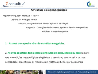 Modo de Produção Biológico de Animais e de Produtos de Origem Animal
Agricultura Biológica/Legislação
Regulamento (CE) nº 889/2008 – Título II
Capítulo 2 – Produção Animal
Secção 2 – Alojamento dos animais e práticas de criação
Artigo 12º - Condições de alojamento e práticas de criação especificas
aplicáveis às aves de capoeira
1. As aves de capoeira não são mantidas em gaiolas.
2. As aves aquáticas têm acesso a um curso de água, charco ou lago sempre
que as condições meteorológicas e higiénicas o permitam, para respeitar as suas
necessidades específicas e os requisitos em matéria de bem-estar dos animais.
 