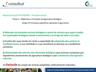 Modo de Produção Biológico de Animais e de Produtos de Origem Animal
Regulamento (CE) Nº 834/2007 – Princípios Gerais
Título II – Objectivos e Princípios da Agricultura Biológica
Artigo 5º Princípios específicos aplicáveis à agricultura
i) Obtenção de produtos animais biológicos a partir de animais que sejam criados
em explorações biológicas desde o nascimento e ao longo de toda a sua vida;
j) Escolha das raças tendo em conta a capacidade de adaptação dos animais às
condições locais, a sua vitalidade e a sua resistência às doenças ou a problemas
sanitários;
k) Alimentação dos animais com alimentos biológicos para animais compostos por
ingredientes provenientes da agricultura biológica e por substâncias não agrícolas
naturais;
m) Exclusão da criação de animais poliplóides artificialmente induzidos;
 