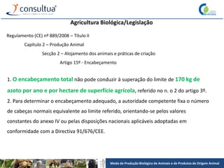 Modo de Produção Biológico de Animais e de Produtos de Origem Animal
Agricultura Biológica/Legislação
Regulamento (CE) nº 889/2008 – Título II
Capítulo 2 – Produção Animal
Secção 2 – Alojamento dos animais e práticas de criação
Artigo 15º - Encabeçamento
1. O encabeçamento total não pode conduzir à superação do limite de 170 kg de
azoto por ano e por hectare de superfície agrícola, referido no n. o 2 do artigo 3º.
2. Para determinar o encabeçamento adequado, a autoridade competente fixa o número
de cabeças normais equivalente ao limite referido, orientando-se pelos valores
constantes do anexo IV ou pelas disposições nacionais aplicáveis adoptadas em
conformidade com a Directiva 91/676/CEE.
 