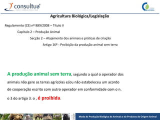 Modo de Produção Biológico de Animais e de Produtos de Origem Animal
Agricultura Biológica/Legislação
Regulamento (CE) nº 889/2008 – Título II
Capítulo 2 – Produção Animal
Secção 2 – Alojamento dos animais e práticas de criação
Artigo 16º - Proibição da produção animal sem terra
A produção animal sem terra, segundo a qual o operador dos
animais não gere as terras agrícolas e/ou não estabeleceu um acordo
de cooperação escrito com outro operador em conformidade com o n.
o 3 do artigo 3. o , é proibida.
 
