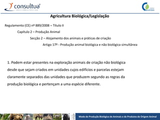 Modo de Produção Biológico de Animais e de Produtos de Origem Animal
Agricultura Biológica/Legislação
Regulamento (CE) nº 889/2008 – Título II
Capítulo 2 – Produção Animal
Secção 2 – Alojamento dos animais e práticas de criação
Artigo 17º - Produção animal biológica e não biológica simultânea
1. Podem estar presentes na exploração animais de criação não biológica
desde que sejam criados em unidades cujos edifícios e parcelas estejam
claramente separados das unidades que produzem segundo as regras da
produção biológica e pertençam a uma espécie diferente.
 
