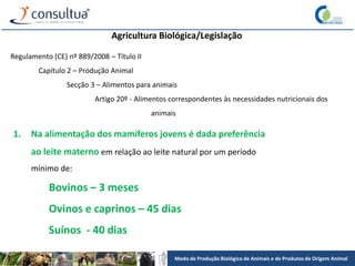 Modo de Produção Biológico de Animais e de Produtos de Origem Animal
Agricultura Biológica/Legislação
Regulamento (CE) nº 889/2008 – Título II
Capítulo 2 – Produção Animal
Secção 3 – Alimentos para animais
Artigo 20º - Alimentos correspondentes às necessidades nutricionais dos
animais
1. Na alimentação dos mamíferos jovens é dada preferência
ao leite materno em relação ao leite natural por um período
mínimo de:
Bovinos – 3 meses
Ovinos e caprinos – 45 dias
Suínos - 40 dias
 