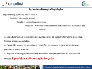 Modo de Produção Biológico de Animais e de Produtos de Origem Animal
Agricultura Biológica/Legislação
Regulamento (CE) nº 889/2008 – Título II
Capítulo 2 – Produção Animal
Secção 3 – Alimentos para animais
Artigo 20º - Alimentos correspondentes às necessidades nutricionais dos
animais
3. São adicionadas à ração diária dos suínos e aves de capoeira forragens grosseiras,
frescas, secas ou ensiladas.
4. É proibido manter os animais em condições ou com um regime alimentar que
possam provocar anemia.
5. As práticas de engorda devem ser reversíveis em qualquer fase do processo de
criação. É proibida a alimentação forçada.
 