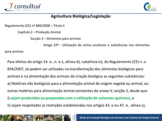 Modo de Produção Biológico de Animais e de Produtos de Origem Animal
Agricultura Biológica/Legislação
Regulamento (CE) nº 889/2008 – Título II
Capítulo 2 – Produção Animal
Secção 3 – Alimentos para animais
Artigo 22º - Utilização de certos produtos e substâncias nos alimentos
para animais
Para efeitos do artigo 14. o , n. o 1, alínea d), subalínea iv), do Regulamento (CE) n. o
834/2007, só podem ser utilizadas na transformação dos alimentos biológicos para
animais e na alimentação dos animais de criação biológica as seguintes substâncias:
a) Matérias não biológicas para a alimentação animal de origem vegetal ou animal, ou
outras matérias para alimentação animal constantes do anexo V, secção 2, desde que:
i) sejam produzidas ou preparadas sem a utilização de solventes químicos, e
ii) sejam respeitadas as restrições estabelecidas nos artigos 43. o ou 47. o , alínea c);
 