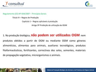 Modo de Produção Biológico de Animais e de Produtos de Origem Animal
Regulamento (CE) Nº 834/2007 – Princípios Gerais
Título III – Regras de Produção
Capítulo 1 – Regras aplicáveis à produção
Artigo 9º Proibição de utilização de OGM
1. Na produção biológica, não podem ser utilizados OGM nem
produtos obtidos a partir de OGM ou mediante OGM como géneros
alimentícios, alimentos para animais, auxiliares tecnológicos, produtos
fitofarmacêuticos, fertilizantes, correctivos dos solos, sementes, materiais
de propagação vegetativa, microrganismos e animais.
 