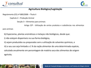 Modo de Produção Biológico de Animais e de Produtos de Origem Animal
Agricultura Biológica/Legislação
Regulamento (CE) nº 889/2008 – Título II
Capítulo 2 – Produção Animal
Secção 3 – Alimentos para animais
Artigo 22º - Utilização de certos produtos e substâncias nos alimentos
para animais
b) Especiarias, plantas aromáticas e melaços não biológicos, desde que:
i) não estejam disponíveis na sua forma biológica,
ii) sejam produzidos ou preparados sem a utilização de solventes químicos, e
iii) o seu uso seja limitado a 1 % da ração alimentar de uma determinada espécie,
calculada anualmente em percentagem de matéria seca dos alimentos de origem
agrícola;
 