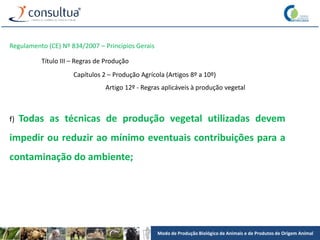 Modo de Produção Biológico de Animais e de Produtos de Origem Animal
Regulamento (CE) Nº 834/2007 – Princípios Gerais
Título III – Regras de Produção
Capítulos 2 – Produção Agrícola (Artigos 8º a 10º)
Artigo 12º - Regras aplicáveis à produção vegetal
f) Todas as técnicas de produção vegetal utilizadas devem
impedir ou reduzir ao mínimo eventuais contribuições para a
contaminação do ambiente;
 