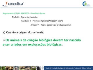 Modo de Produção Biológico de Animais e de Produtos de Origem Animal
Regulamento (CE) Nº 834/2007 – Princípios Gerais
Título III – Regras de Produção
Capítulos 2 – Produção Agrícola (Artigos 8º a 10º)
Artigo 14º - Regras aplicáveis à produção animal
a) Quanto à origem dos animais:
i) Os animais de criação biológica devem ter nascido
e ser criados em explorações biológicas;
 
