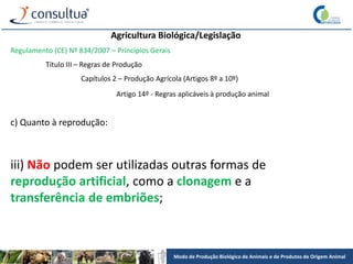 Modo de Produção Biológico de Animais e de Produtos de Origem Animal
Agricultura Biológica/Legislação
Regulamento (CE) Nº 834/2007 – Princípios Gerais
Título III – Regras de Produção
Capítulos 2 – Produção Agrícola (Artigos 8º a 10º)
Artigo 14º - Regras aplicáveis à produção animal
c) Quanto à reprodução:
iii) Não podem ser utilizadas outras formas de
reprodução artificial, como a clonagem e a
transferência de embriões;
 