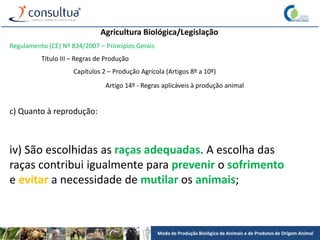 Modo de Produção Biológico de Animais e de Produtos de Origem Animal
Agricultura Biológica/Legislação
Regulamento (CE) Nº 834/2007 – Princípios Gerais
Título III – Regras de Produção
Capítulos 2 – Produção Agrícola (Artigos 8º a 10º)
Artigo 14º - Regras aplicáveis à produção animal
c) Quanto à reprodução:
iv) São escolhidas as raças adequadas. A escolha das
raças contribui igualmente para prevenir o sofrimento
e evitar a necessidade de mutilar os animais;
 