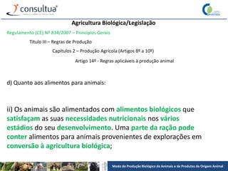 Modo de Produção Biológico de Animais e de Produtos de Origem Animal
Agricultura Biológica/Legislação
Regulamento (CE) Nº 834/2007 – Princípios Gerais
Título III – Regras de Produção
Capítulos 2 – Produção Agrícola (Artigos 8º a 10º)
Artigo 14º - Regras aplicáveis à produção animal
d) Quanto aos alimentos para animais:
ii) Os animais são alimentados com alimentos biológicos que
satisfaçam as suas necessidades nutricionais nos vários
estádios do seu desenvolvimento. Uma parte da ração pode
conter alimentos para animais provenientes de explorações em
conversão à agricultura biológica;
 
