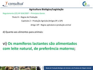 Modo de Produção Biológico de Animais e de Produtos de Origem Animal
Agricultura Biológica/Legislação
Regulamento (CE) Nº 834/2007 – Princípios Gerais
Título III – Regras de Produção
Capítulos 2 – Produção Agrícola (Artigos 8º a 10º)
Artigo 14º - Regras aplicáveis à produção animal
d) Quanto aos alimentos para animais:
vi) Os mamíferos lactantes são alimentados
com leite natural, de preferência materno;
 