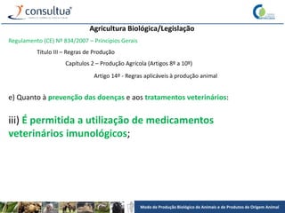 Modo de Produção Biológico de Animais e de Produtos de Origem Animal
Agricultura Biológica/Legislação
Regulamento (CE) Nº 834/2007 – Princípios Gerais
Título III – Regras de Produção
Capítulos 2 – Produção Agrícola (Artigos 8º a 10º)
Artigo 14º - Regras aplicáveis à produção animal
e) Quanto à prevenção das doenças e aos tratamentos veterinários:
iii) É permitida a utilização de medicamentos
veterinários imunológicos;
 
