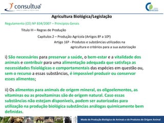 Modo de Produção Biológico de Animais e de Produtos de Origem Animal
Agricultura Biológica/Legislação
Regulamento (CE) Nº 834/2007 – Princípios Gerais
Título III – Regras de Produção
Capítulos 2 – Produção Agrícola (Artigos 8º a 10º)
Artigo 16º - Produtos e substâncias utilizados na
agricultura e critérios para a sua autorização
i) São necessários para preservar a saúde, o bem-estar e a vitalidade dos
animais e contribuir para uma alimentação adequada que satisfaça as
necessidades fisiológicas e comportamentais das espécies em questão ou,
sem o recurso a essas substâncias, é impossível produzir ou conservar
esses alimentos;
ii) Os alimentos para animais de origem mineral, os oligoelementos, as
vitaminas ou as provitaminas são de origem natural. Caso essas
substâncias não estejam disponíveis, podem ser autorizadas para
utilização na produção biológica substâncias análogas quimicamente bem
definidas.
 