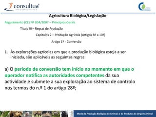 Modo de Produção Biológico de Animais e de Produtos de Origem Animal
Agricultura Biológica/Legislação
Regulamento (CE) Nº 834/2007 – Princípios Gerais
Título III – Regras de Produção
Capítulos 2 – Produção Agrícola (Artigos 8º a 10º)
Artigo 1º - Conversão
1. Às explorações agrícolas em que a produção biológica esteja a ser
iniciada, são aplicáveis as seguintes regras:
a) O período de conversão tem início no momento em que o
operador notifica as autoridades competentes da sua
actividade e submete a sua exploração ao sistema de controlo
nos termos do n.º 1 do artigo 28º;
 