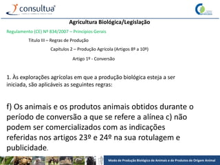 Modo de Produção Biológico de Animais e de Produtos de Origem Animal
Agricultura Biológica/Legislação
Regulamento (CE) Nº 834/2007 – Princípios Gerais
Título III – Regras de Produção
Capítulos 2 – Produção Agrícola (Artigos 8º a 10º)
Artigo 1º - Conversão
1. Às explorações agrícolas em que a produção biológica esteja a ser
iniciada, são aplicáveis as seguintes regras:
f) Os animais e os produtos animais obtidos durante o
período de conversão a que se refere a alínea c) não
podem ser comercializados com as indicações
referidas nos artigos 23º e 24º na sua rotulagem e
publicidade.
 