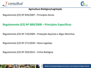 Modo de Produção Biológico de Animais e de Produtos de Origem Animal
Agricultura Biológica/Legislação
Regulamento (CE) Nº 834/2007 – Princípios Gerais
Regulamento (CE) Nº 889/2008 – Princípios Específicos
Regulamento (CE) Nº 710/2009 – Produção Aquícola e Algas Marinhas
Regulamento (CE) Nº 271/2010 – Novo Logotipo
Regulamento (CE) Nº 203/2012 – Vinho Biológico
 