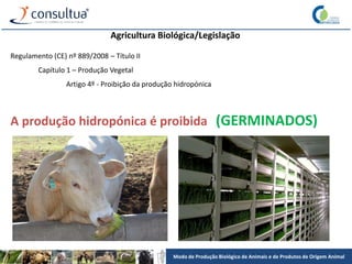 Modo de Produção Biológico de Animais e de Produtos de Origem Animal
Agricultura Biológica/Legislação
Regulamento (CE) nº 889/2008 – Título II
Capítulo 1 – Produção Vegetal
Artigo 4º - Proibição da produção hidropónica
A produção hidropónica é proibida (GERMINADOS)
 