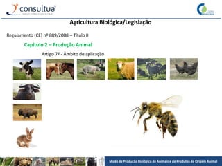 Modo de Produção Biológico de Animais e de Produtos de Origem Animal
Agricultura Biológica/Legislação
Regulamento (CE) nº 889/2008 – Título II
Capítulo 2 – Produção Animal
Artigo 7º - Âmbito de aplicação
 