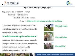 Modo de Produção Biológico de Animais e de Produtos de Origem Animal
Agricultura Biológica/Legislação
Regulamento (CE) nº 889/2008 – Título II
Capítulo 2 – Produção Animal
Secção 1 – Origem dos animais
Artigo 9º - Origem dos animais de criação não biológica
2. Aquando da primeira constituição de uma
manada ou rebanho, os mamíferos jovens de
criação não biológica são,
imediatamente após o desmame,
criados de acordo com as regras da produção
biológica. Além disso, na data de entrada dos
animais na manada ou rebanho, são
aplicáveis as seguintes restrições:
Menos 6 meses
Menos 45 dias
Menos 35 kg
 