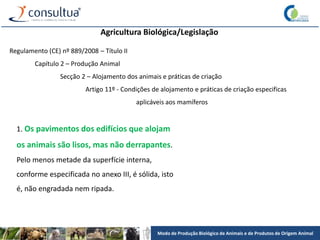 Modo de Produção Biológico de Animais e de Produtos de Origem Animal
Agricultura Biológica/Legislação
Regulamento (CE) nº 889/2008 – Título II
Capítulo 2 – Produção Animal
Secção 2 – Alojamento dos animais e práticas de criação
Artigo 11º - Condições de alojamento e práticas de criação especificas
aplicáveis aos mamíferos
1. Os pavimentos dos edifícios que alojam
os animais são lisos, mas não derrapantes.
Pelo menos metade da superfície interna,
conforme especificada no anexo III, é sólida, isto
é, não engradada nem ripada.
 