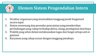 Elemen Sistem Pengendalian Intern
1. Struktur organisasi yang memisahkantanggung jawab fungsional
secara tepat
2. Sistem wewenang dan prosedur pencatatan yangmemberikan
perlindunganyang cukup terhadapaktiva, utang, pendapatan danbiaya
3. Praktik yang sehat dalam melaksanakantugas dan fungsi setiap unit or
ganisasi
4. Karyawan yang cakap sesuai dengan tanggung jawabnya
 