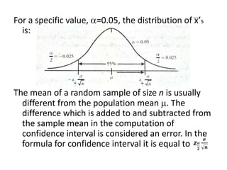 For a specific value, =0.05, the distribution of x’s
is:
The mean of a random sample of size n is usually
different from the population mean . The
difference which is added to and subtracted from
the sample mean in the computation of
confidence interval is considered an error. In the
formula for confidence interval it is equal to
 