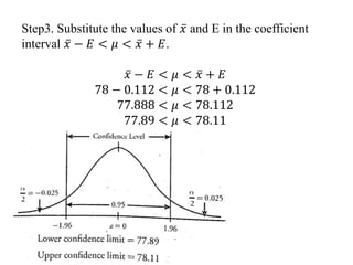 Step3. Substitute the values of 𝑥 and E in the coefficient
interval 𝑥 − 𝐸 < 𝜇 < 𝑥 + 𝐸.
𝑥 − 𝐸 < 𝜇 < 𝑥 + 𝐸
78 − 0.112 < 𝜇 < 78 + 0.112
77.888 < 𝜇 < 78.112
77.89 < 𝜇 < 78.11
 