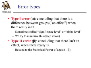 Statistics for the
Social Sciences
Error types
• Type I error (): concluding that there is a
difference between groups (“an effect”) when
there really isn’t.
– Sometimes called “significance level” or “alpha level”
– We try to minimize this (keep it low)
• Type II error (): concluding that there isn’t an
effect, when there really is.
– Related to the Statistical Power of a test (1-)
 
