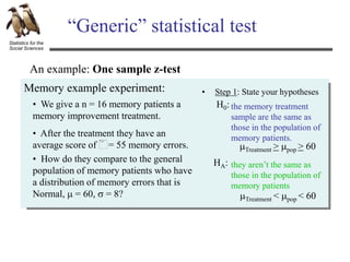 Statistics for the
Social Sciences
“Generic” statistical test
An example: One sample z-test
Memory example experiment:
• We give a n = 16 memory patients a
memory improvement treatment.
• How do they compare to the general
population of memory patients who have
a distribution of memory errors that is
Normal, m = 60, s = 8?
• After the treatment they have an
average score of = 55 memory errors.
• Step 1: State your hypotheses
H0: the memory treatment
sample are the same as
those in the population of
memory patients.
HA: they aren’t the same as
those in the population of
memory patients
mTreatment > mpop > 60
mTreatment < mpop < 60
 