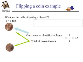 Statistics for the
Social Sciences
Flipping a coin example
What are the odds of getting a “heads”?
One outcome classified as heads
=
1
2
= 0.5
Total of two outcomes
n = 1 flip
 