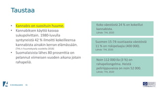 A-klinikkasäätiö 41
Taustaa
• Kannabis on suosituin huume.
• Kannabiksen käyttö kasvaa
sukupolvittain. 1980-luvulla
syntyneistä 42 % ilmoitti kokeilleensa
kannabista ainakin kerran elämässään.
(THL:n huumekysely vuodelta 2018)
• Suomalaisista lähes 80 prosenttia on
pelannut viimeisen vuoden aikana jotain
rahapeliä.
Koko väestöstä 24 % on kokeillut
kannabista.
Lähde: THL 2020
Suomen 15-74-vuotiaasta väestöstä
11 % on riskipelaajia (400 000).
Lähde: THL 2020
Noin 112 000:lla (3 %) on
rahapeliongelma. Heistä
peliriippuvaisia on noin 52 000.
Lähde: THL 2020
 