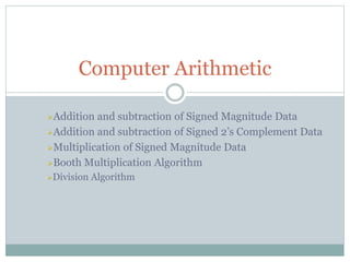 Addition and subtraction of Signed Magnitude Data
Addition and subtraction of Signed 2’s Complement Data
Multiplication of Signed Magnitude Data
Booth Multiplication Algorithm
Division Algorithm
Computer Arithmetic
 