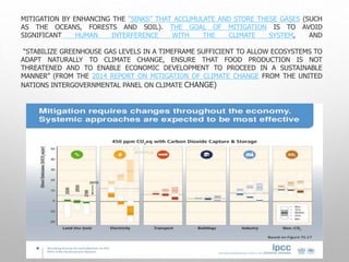MITIGATION BY ENHANCING THE “SINKS” THAT ACCUMULATE AND STORE THESE GASES (SUCH
AS THE OCEANS, FORESTS AND SOIL). THE GOAL OF MITIGATION IS TO AVOID
SIGNIFICANT HUMAN INTERFERENCE WITH THE CLIMATE SYSTEM, AND
“STABILIZE GREENHOUSE GAS LEVELS IN A TIMEFRAME SUFFICIENT TO ALLOW ECOSYSTEMS TO
ADAPT NATURALLY TO CLIMATE CHANGE, ENSURE THAT FOOD PRODUCTION IS NOT
THREATENED AND TO ENABLE ECONOMIC DEVELOPMENT TO PROCEED IN A SUSTAINABLE
MANNER” (FROM THE 2014 REPORT ON MITIGATION OF CLIMATE CHANGE FROM THE UNITED
NATIONS INTERGOVERNMENTAL PANEL ON CLIMATE CHANGE)
 