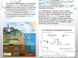 ONE OF THE BEST-KNOWN TECHNIQUES
IS CLOUD SEEDING, A PROCESS THAT
ATTEMPTS TO BRING RAIN TO PARCHED
FARMLAND BY DISPERSING PARTICLES
OF SILVER IODIDE OR SOLID CARBON
DIOXIDE INTO RAIN-BEARING CLOUDS.
CLOUD SEEDING HAS ALSO BEEN USED
IN ATTEMPTS TO WEAKEN TROPICAL
STORMS.
THE REFLECTANCE OF INCOMING SOLAR
RADIATION INCLUDE RAISING GROUND-LEVEL ALBEDO,
INJECTING SULFUR PARTICLES INTO
THE STRATOSPHERE, WHITENING MARINE CLOUDS, AND
DELIVERING MILLIONS OF TINY ORBITAL MIRRORS OR
SUNSHADES INTO SPACE.
IT IS IMPORTANT TO NOTE THAT A GREAT
DEAL OF DEBATE SURROUNDS EACH OF THESE
SCHEMES, AND THE FEASIBILITY OF EACH IS
DIFFICULT TO ASCERTAIN. CLEARLY, THEIR
DEPLOYMENT AT GLOBAL SCALES WOULD BE
DIFFICULT AND EXPENSIVE, AND SMALL-SCALE
TRIALS WOULD REVEAL LITTLE ABOUT THEIR
POTENTIAL EFFECTIVENESS.
 