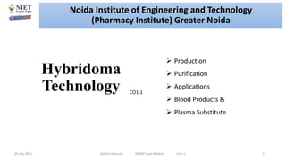 Hybridoma
Technology
20 July 2021 Abhijit Debnath BP605T and Biotech Unit-1 2
 Production
 Purification
 Applications
 Blood Products &
 Plasma Substitute
CO1.1
Noida Institute of Engineering and Technology
(Pharmacy Institute) Greater Noida
 