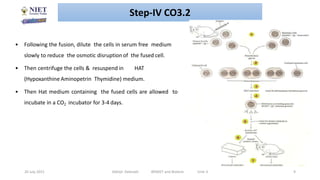 20 July 2021 Abhijit Debnath BP605T and Biotech Unit-3 9
• Following the fusion, dilute the cells in serum free medium
slowly to reduce the osmotic disruption of the fused cell.
• Then centrifuge the cells & resuspend in HAT
(Hypoxanthine Aminopetrin Thymidine) medium.
• Then Hat medium containing the fused cells are allowed to
incubate in a CO2 incubator for 3-4 days.
Step-IV CO3.2
 
