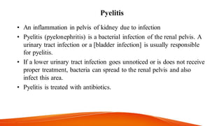Pyelitis
• An inflammation in pelvis of kidney due to infection
• Pyelitis (pyelonephritis) is a bacterial infection of the renal pelvis. A
urinary tract infection or a [bladder infection] is usually responsible
for pyelitis.
• If a lower urinary tract infection goes unnoticed or is does not receive
proper treatment, bacteria can spread to the renal pelvis and also
infect this area.
• Pyelitis is treated with antibiotics.
 