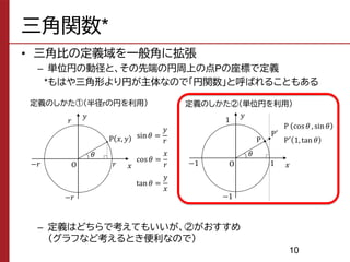 三角関数*
• 三角比の定義域を一般角に拡張
– 単位円の動径と、その先端の円周上の点Pの座標で定義
*もはや三角形より円が主体なので「円関数」と呼ばれることもある
– 定義はどちらで考えてもいいが、②がおすすめ
（グラフなど考えるとき便利なので）
10
𝑥
O
P 𝑥, 𝑦
𝜃
𝑟
𝑟
𝑦
−𝑟
−𝑟
定義のしかた①（半径rの円を利用）
sin𝜃 =
𝑦
𝑟
cos𝜃 =
𝑥
𝑟
tan𝜃 =
𝑦
𝑥
𝑥
O
P′
𝜃
1
1
𝑦
−1
−1
定義のしかた②（単位円を利用）
P
P cos 𝜃 , sin𝜃
P′
1, tan 𝜃
 