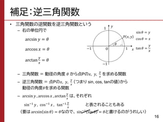補足：逆三角関数
• 三角関数の逆関数を逆三角関数という
– 右の単位円で
arcsin 𝑦 = 𝜃
arccos 𝑥 = 𝜃
arctan
𝑦
𝑥
= 𝜃
– 三角関数 ＝ 動径の角度 𝜃 から点Pの𝑥, 𝑦,
𝑦
𝑥
を求める関数
– 逆三角関数 ＝ 点Pの𝑥, 𝑦,
𝑦
𝑥
（つまり sin, cos, tanの値）から
動径の角度𝜃を求める関数
– arcsin 𝑦 , arccos 𝑥 , arctan
𝑦
𝑥
は、それぞれ
sin−1 𝑦 , cos−1 𝑥 , tan−1 𝑦
𝑥
と表されることもある
（要は arcsin sin 𝜃 = 𝜃なので、 sin−1 sin 𝜃 = 𝜃と書けるのがうれしい）
16
𝑥
O
P 𝑥, 𝑦
𝜃
1
1
𝑦
−1
−1
sin𝜃 = 𝑦
cos𝜃 = 𝑥
tan𝜃 =
𝑦
𝑥
 